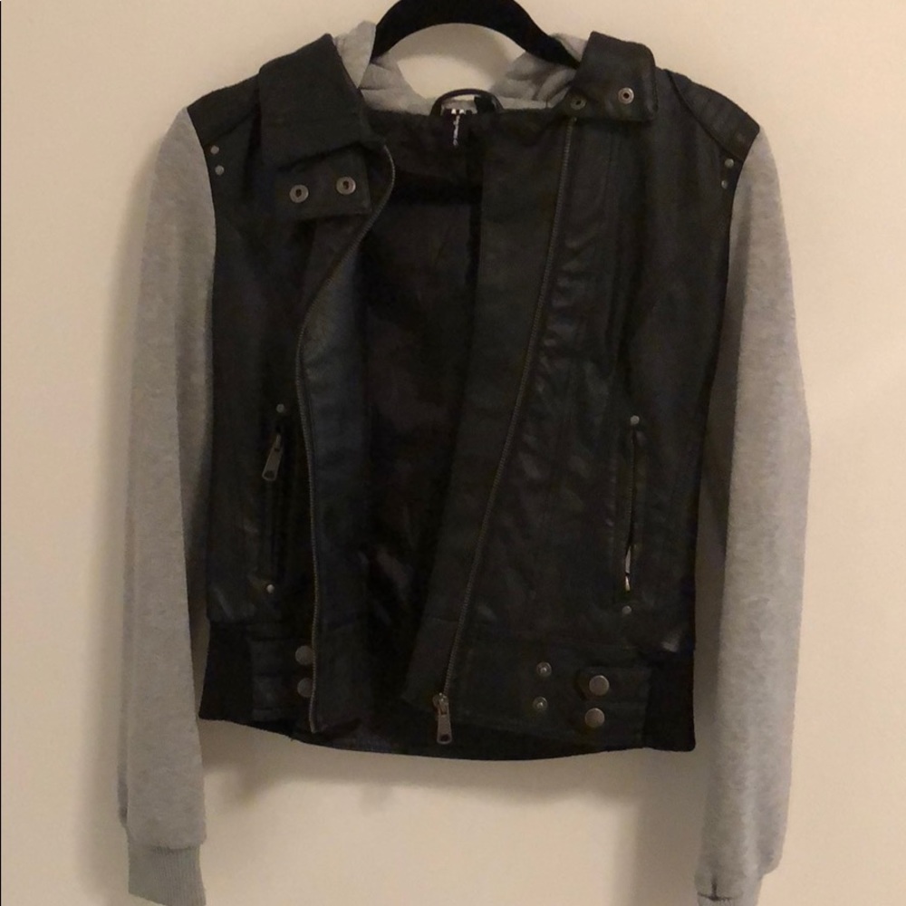 Faux leather and sweatshirt hooded jacket